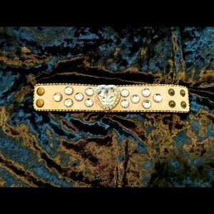Beige calf hair leather bracelet with clear crystal heart & small crystals.